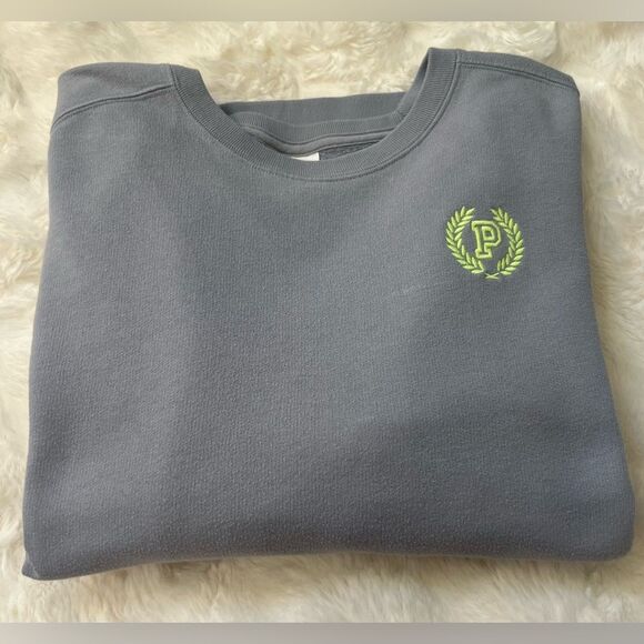 PINK Victoria's Secret Gray Crewneck Sweatshirt with Green Logo Sz Small - Picture 1 of 8